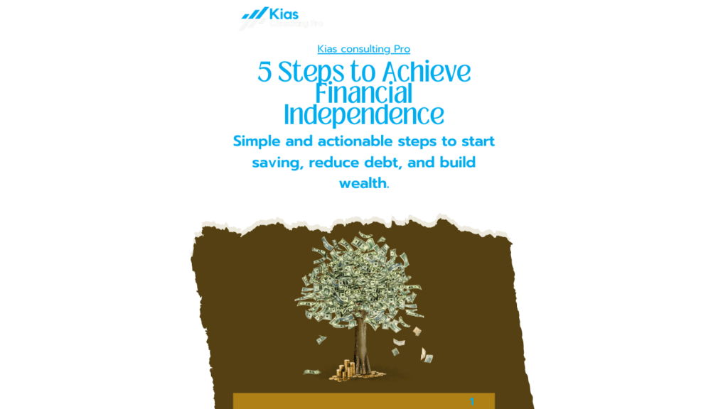 A Notebook with the title '5 Steps to Achieve Financial Independence' and a tree of money symbolising abundance of wealth.