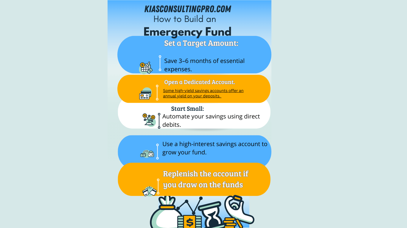 An infographic detailing practical tips on how to build and maintain an emergency fund for financial security