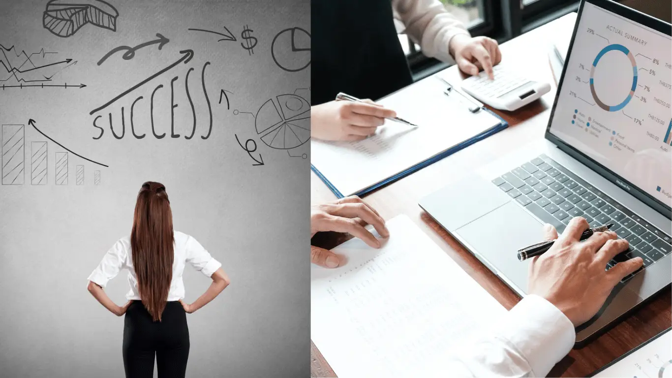 A woman visualizing financial success with graphs and charts, alongside two professionals collaborating on financial strategies with a laptop displaying a pie chart.