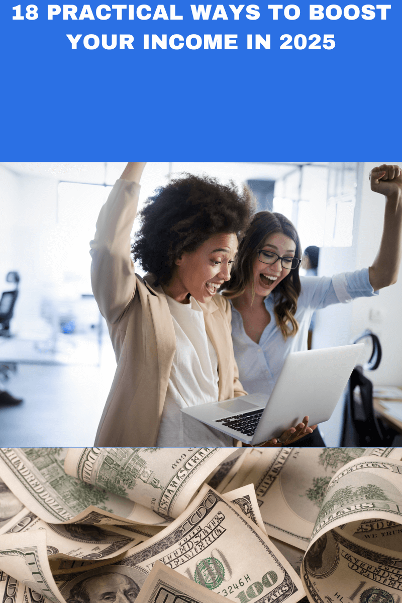Two women celebrating with a laptop and dollar bills to represent boosting income in 2025