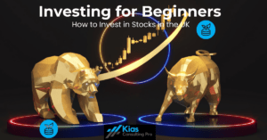 Infographic header showing a bear and bull statue with an upward stock market chart, representing stock market trends for beginners in the UK.