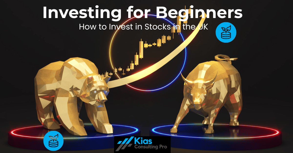 Infographic header showing a bear and bull statue with an upward stock market chart, representing stock market trends for beginners in the UK.