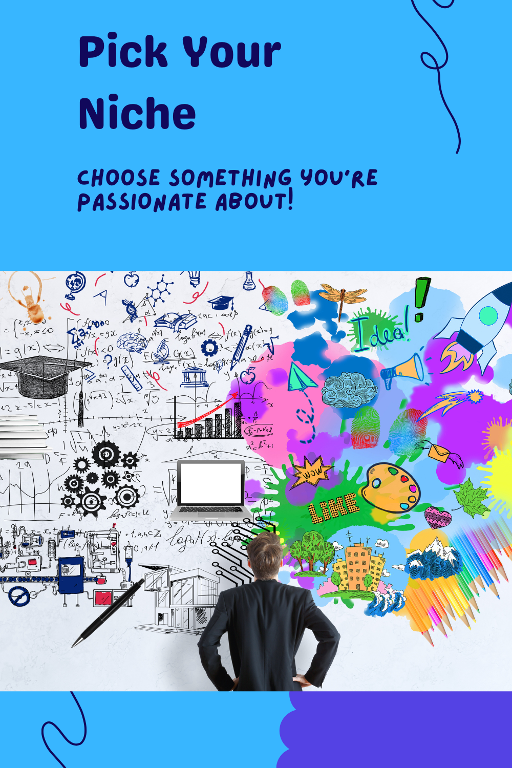 A person looking at a colorful wall filled with various ideas and designs with the text "Pick Your Niche.