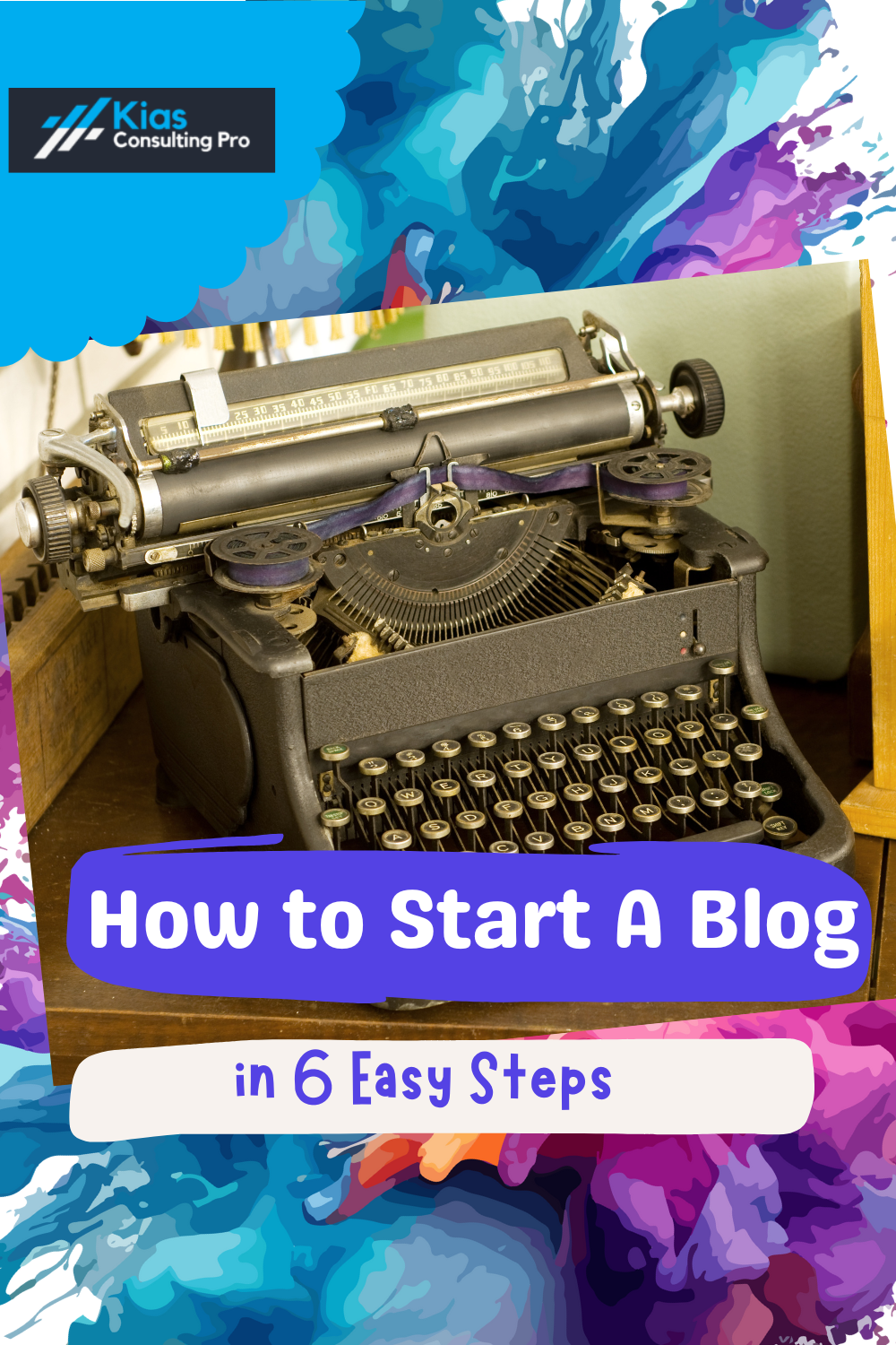 A vintage typewriter with a title saying "How to Start A Blog in 6 Easy Steps.
