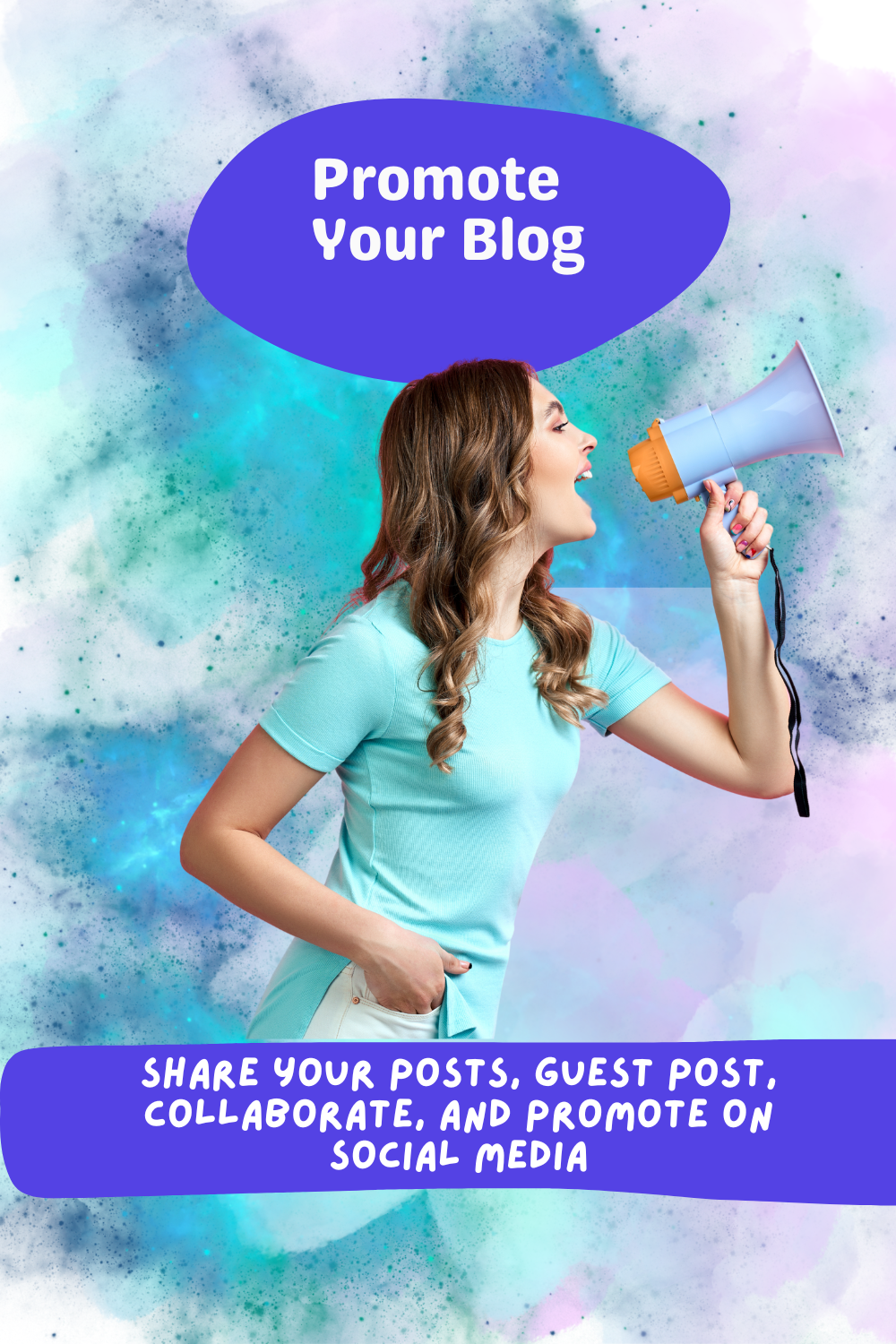 A woman shouting into a megaphone with text "Promote Your Blog."