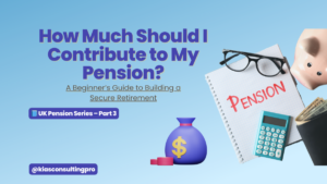 Graphic with title “How Much Should I Contribute to My Pension?” showing calculator, piggy bank, and notepad with the word "pension" — part of UK Pension Series by KIAS Consulting Pro