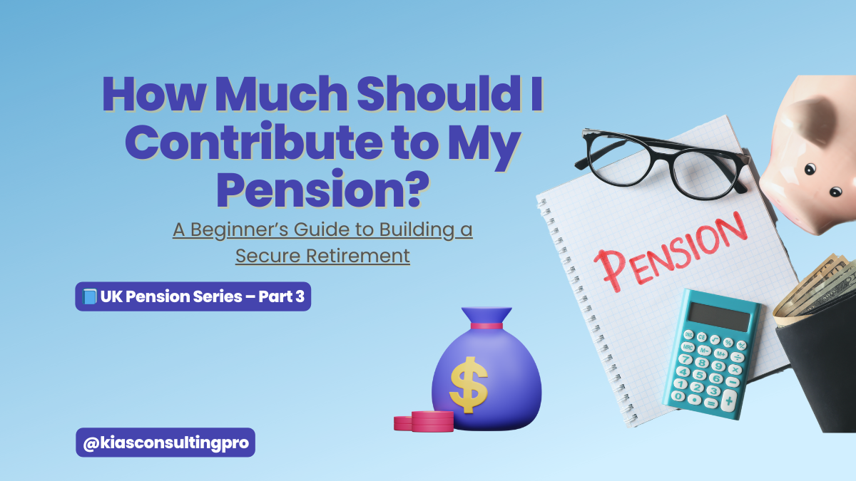 Graphic with title “How Much Should I Contribute to My Pension?” showing calculator, piggy bank, and notepad with the word "pension" — part of UK Pension Series by KIAS Consulting Pro