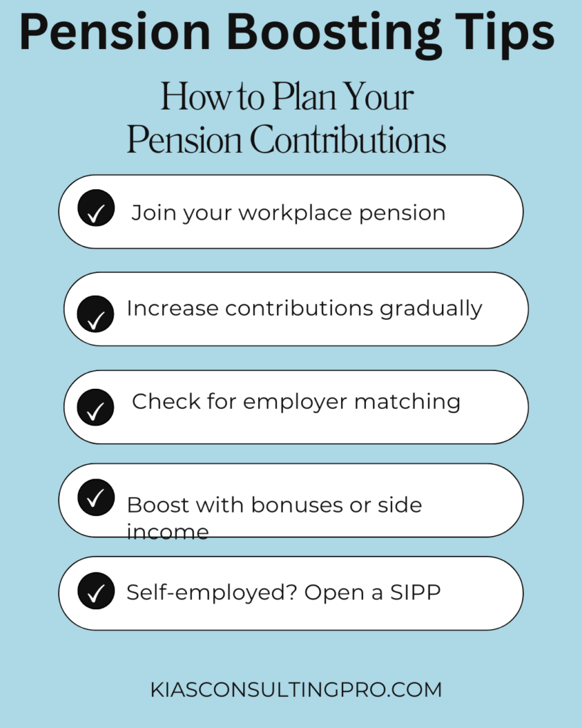 Graphic list of tips including workplace pensions, gradual contributions, employer matching, and SIPPs for self-employed.