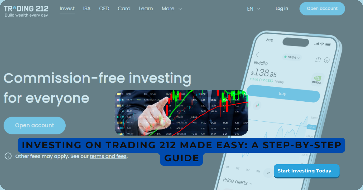 Custom Trading 212 header image featuring commission-free investing, stock market trends, and a call-to-action button: Start Investing Today.