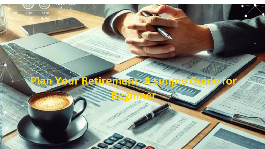 A person sitting at a desk with financial documents, a laptop, and a cup of coffee, illustrating the concept of retirement planning.