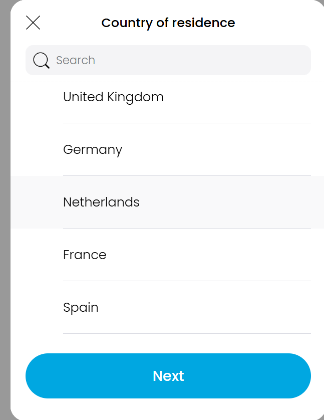 "Screenshot of the Trading 212 country selection page during the sign-up process, showing options like the UK, Germany, and France