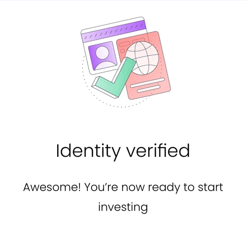 "Illustration confirming identity verification on Trading 212, allowing users to proceed with investing.
