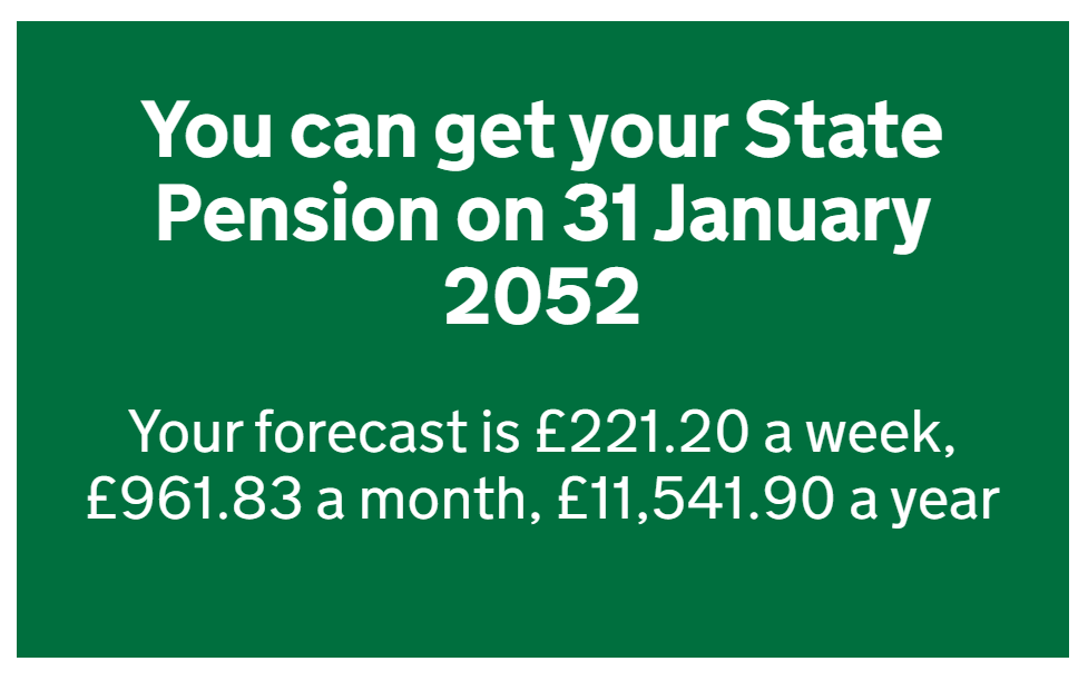 Screenshot showing GOV.UK State Pension forecast indicating weekly, monthly, and annual pension amounts.