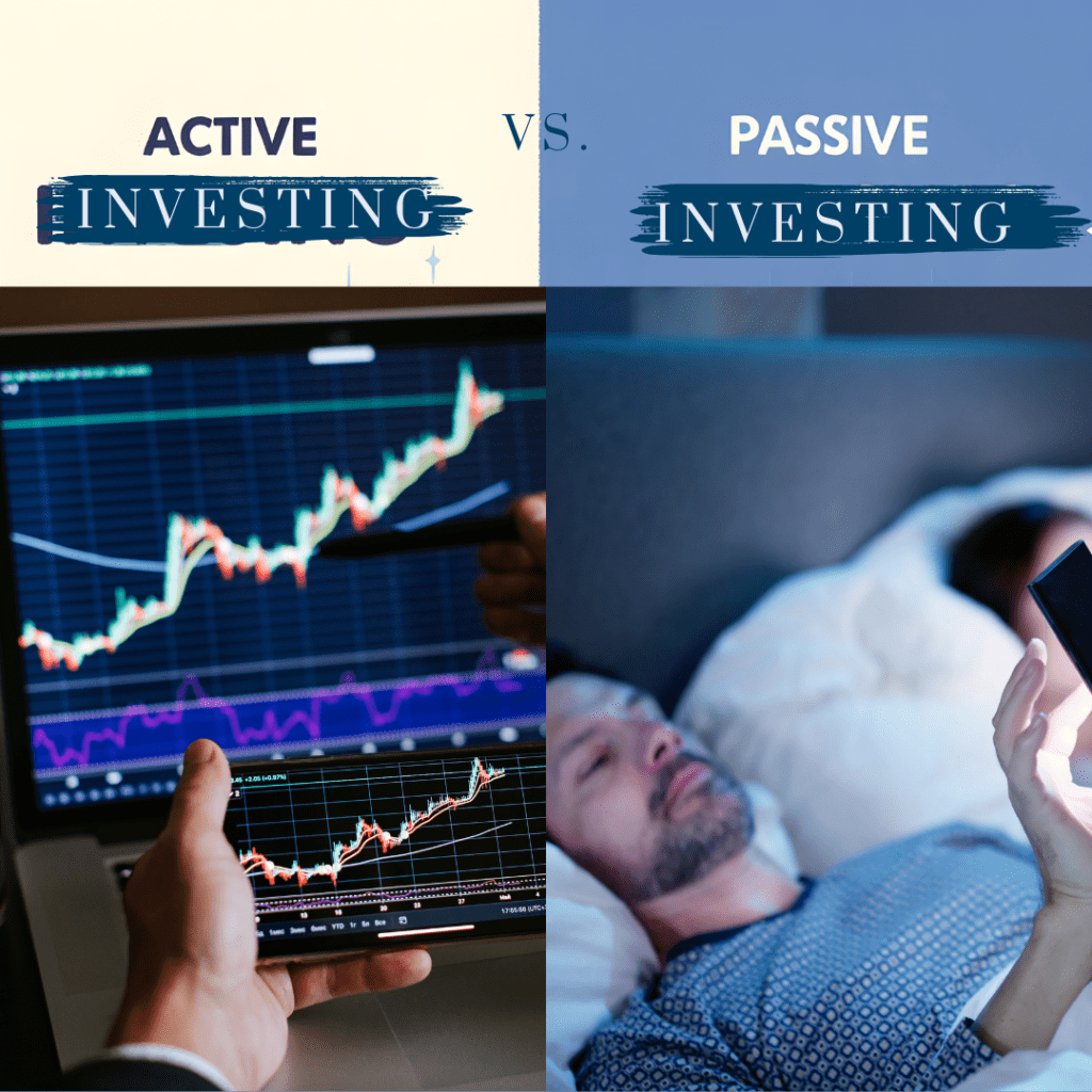 Comparison of active and passive investing strategies. Left: Active investing with a person tracking market trends, Right: Passive investing with a person relaxing while checking their phone.