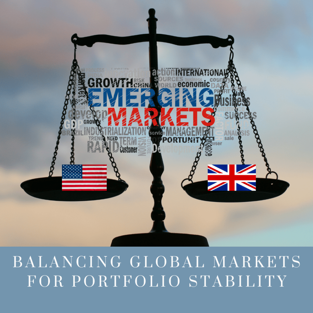 A balance scale with flags of the US and UK representing different global markets, surrounded by financial terms.