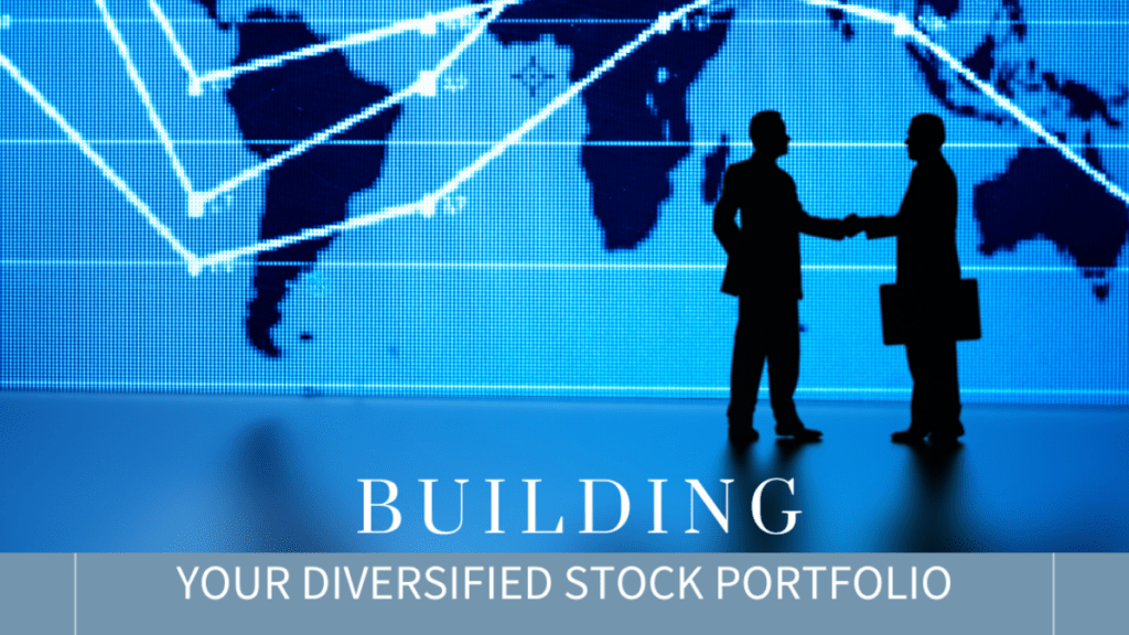 Two businesspeople shaking hands in front of a digital world map representing a diversified stock portfolio.