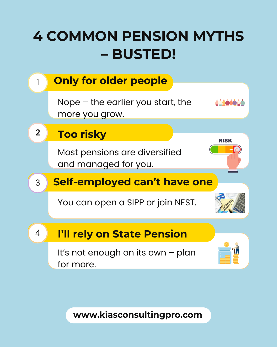 Infographic debunking four common pension myths: that they’re only for older people, too risky, not for the self-employed, or that the State Pension is enough.