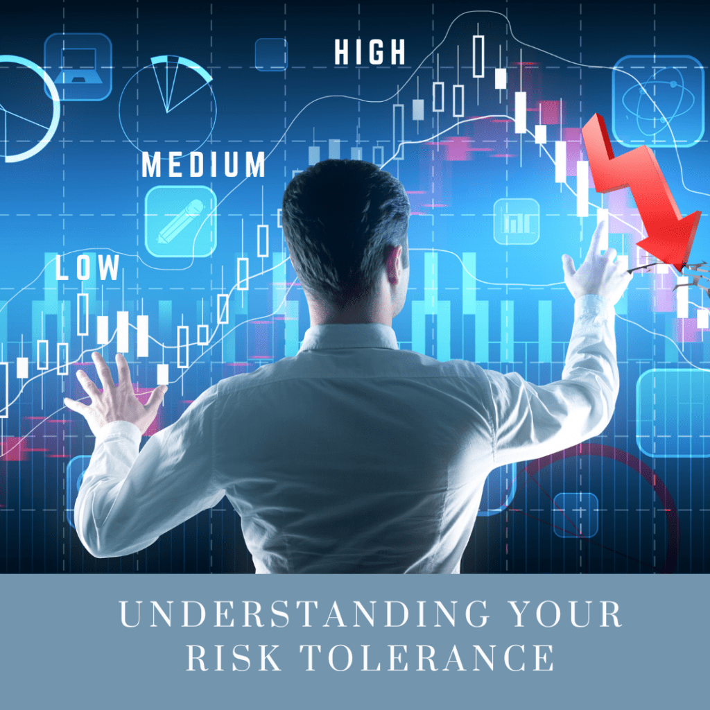 A person analyzing market data with risk levels (low, medium, high) to determine their investment strategy.