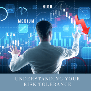A person analyzing market data with risk levels (low, medium, high) to determine their investment strategy.