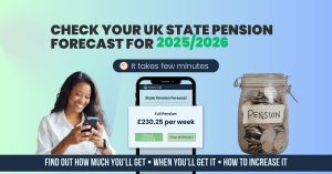 A woman checking her UK State Pension forecast on her phone, showing £230.25 per week full pension for 2025/2026