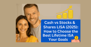 "Header image for blog comparing Cash vs Stocks & Shares Lifetime ISA in 2025, showing young couple and financial growth icons.