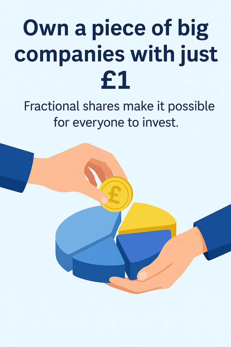 Illustration of hands placing a pound coin into slices of a pie chart, representing the concept of fractional share investing on Trading 212.