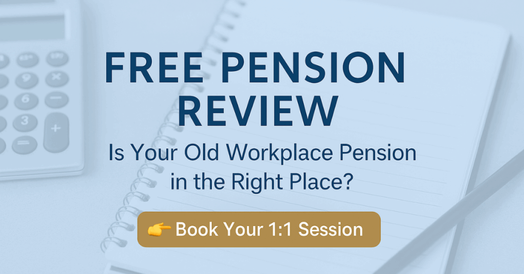 Free pension review promotional header with notebook and calculator background