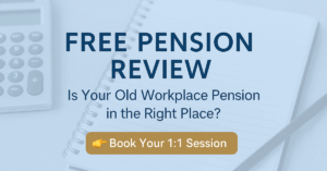 Free pension review promotional header with notebook and calculator background