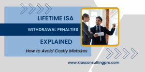 Professional business people discussing financial plans with the title "Lifetime ISA Withdrawal Penalties Explained" and subtitle "How to Avoid Costly Mistakes."