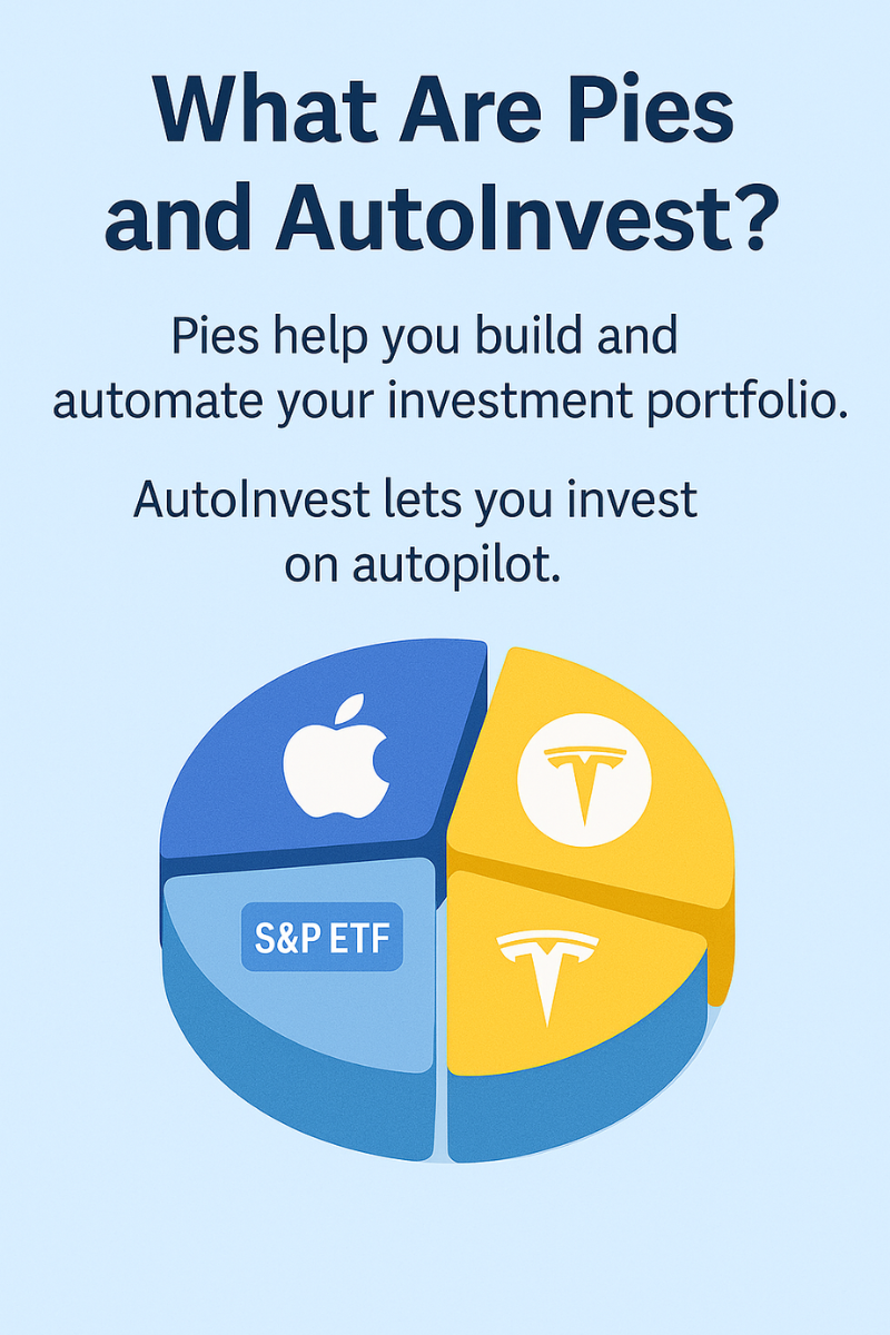 Infographic with Apple, Tesla, and ETF icons in a pie chart, explaining Trading 212’s AutoInvest and Pie investing features.