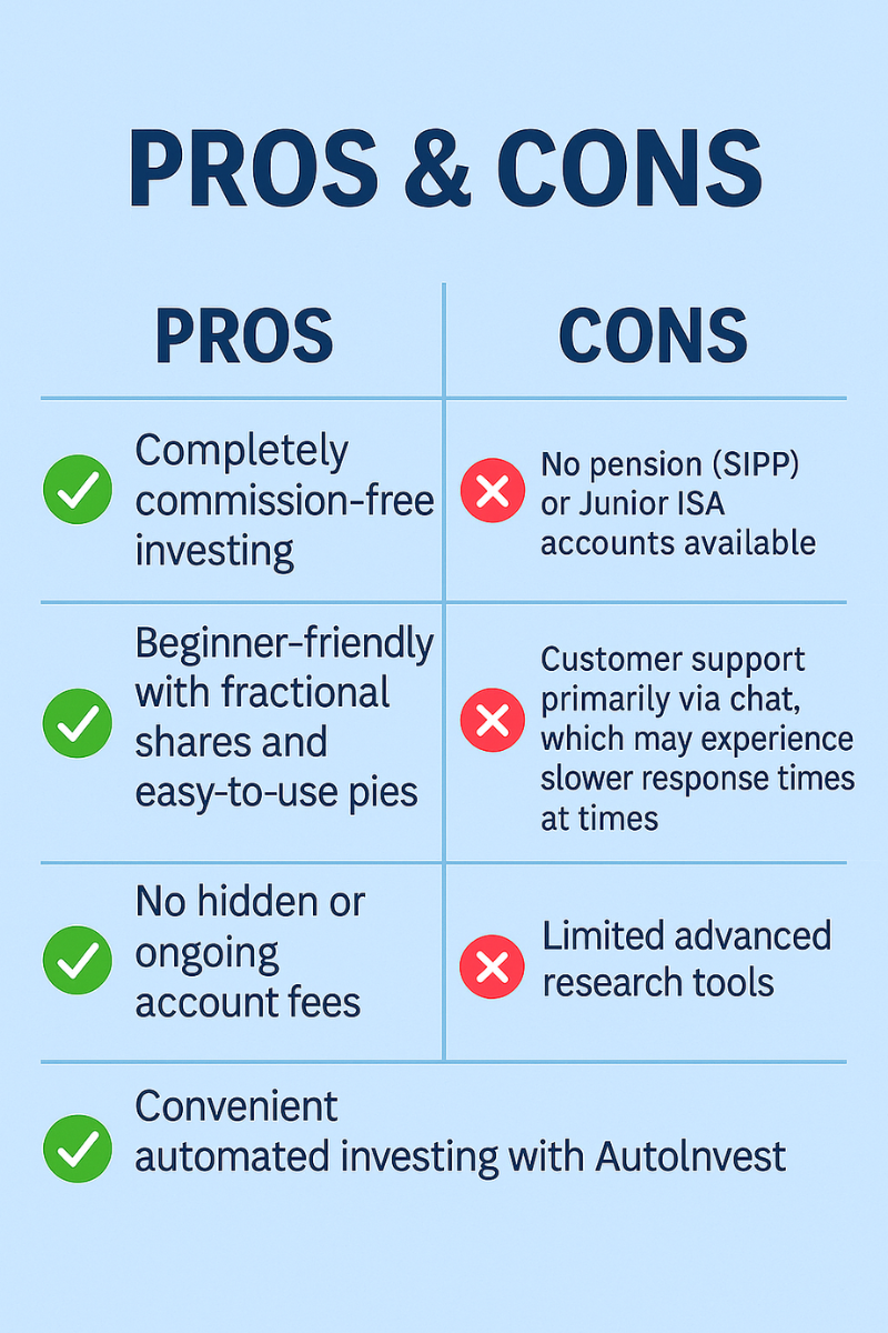 Blue infographic comparing the pros and cons of Trading 212 in a clean two-column format with ticks and crosses.