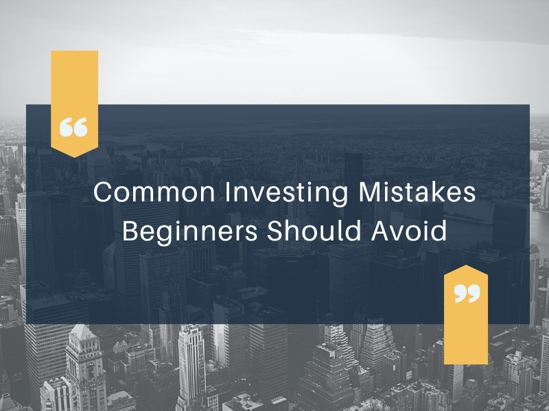 Urban cityscape background with overlay text warning about common investing mistakes beginners should avoid.