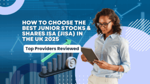 Blog header image featuring a professional woman with tablet and financial growth graphics, illustrating how to choose the best Junior Stocks & Shares ISA in the UK in 2025.