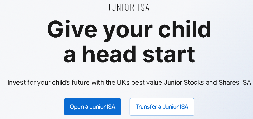 Screenshot of Hargreaves Lansdown Junior ISA homepage with headline 'Give your child a head start' and buttons for 'Open a Junior ISA' and 'Transfer a Junior ISA'.