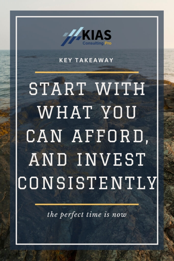 Inspirational quote overlay on coastal rock background: “Start with what you can afford, and invest consistently. The perfect time is now.”