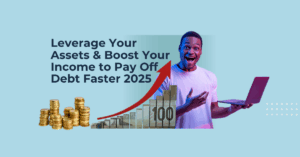 Man holding laptop with rising graph and stacked coins symbolizing financial growth, debt management, and income boost.