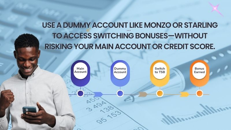 Infographic showing how to use a dummy account for the best UK bank switching offers 2025