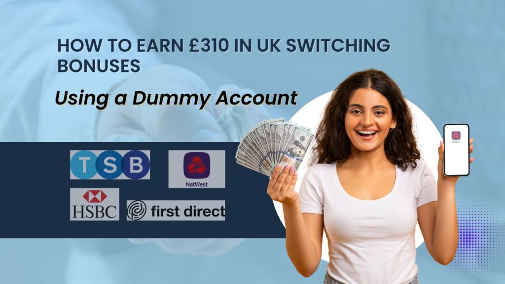 Infographic showing how to use a dummy account like Monzo or Starling to switch to TSB and earn bonuses without affecting your main account