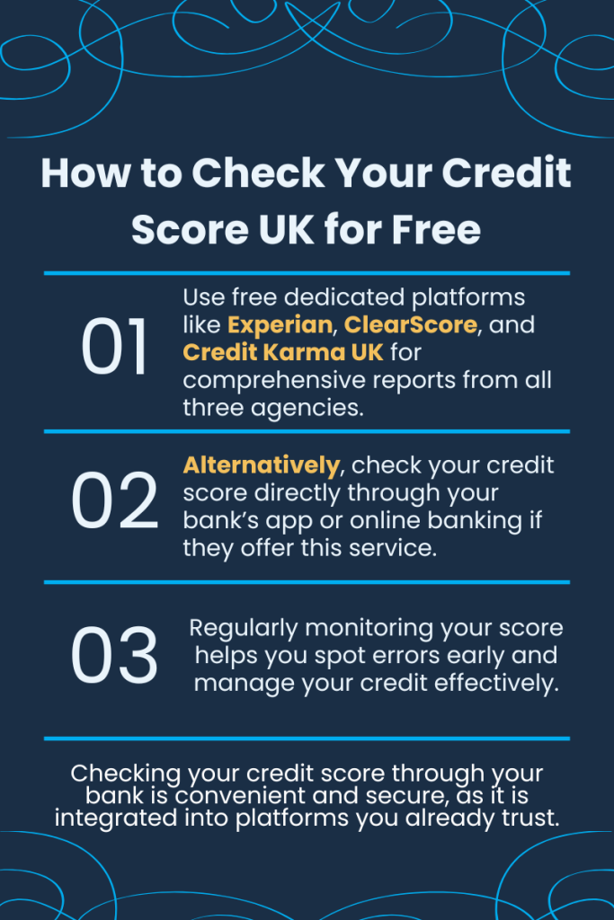 Step-by-step infographic showing how to check your credit score for free using Experian, ClearScore, and Credit Karma UK, plus bank apps