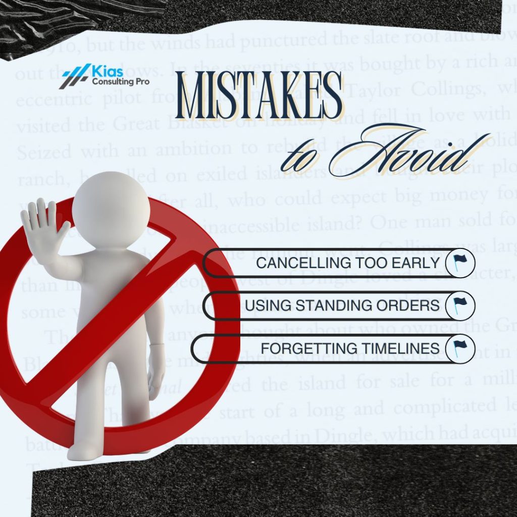 Graphic listing common mistakes to avoid when setting up direct debits for UK bank switching: cancelling too early, using standing orders, forgetting timelines.