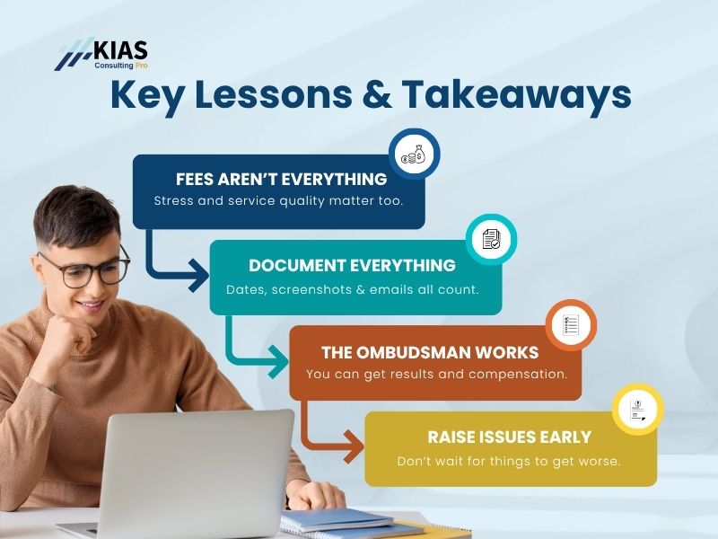 Graphic listing key lessons from a Financial Ombudsman complaint: Fees aren’t everything, Document everything, The ombudsman works, Raise issues early.