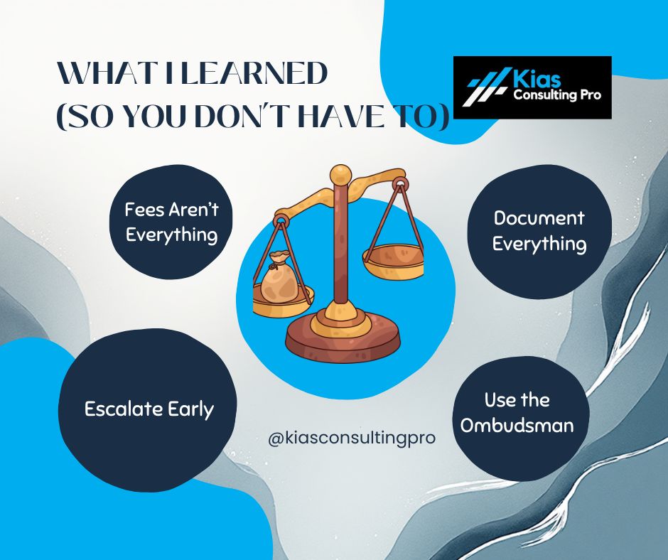 Lessons learned during SIPP transfer process showing key advice bubbles: escalate early, use Ombudsman, document everything