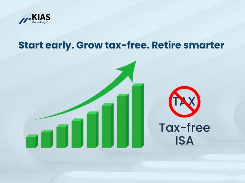 Green upward graph with “Tax-Free ISA” symbolising how early investing in an ISA helps grow wealth tax-free over time.