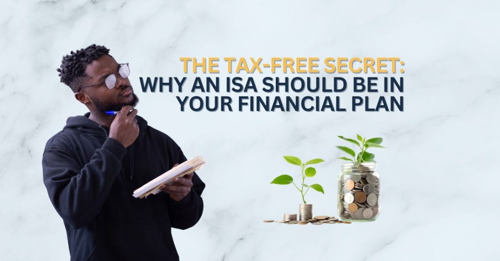 Man thinking about financial planning beside jars of coins and growing plants, representing ISA tax-free growth.