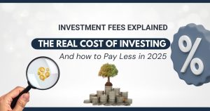 Investment fees explained header image showing magnifying glass over pound symbols and stacked coins with a growing tree