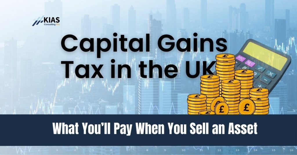 Capital Gains Tax in the UK explained with calculator and asset icons
